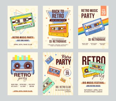 Klasik ses kasetleriyle promosyon davetiyesi tasarımları. Parti için kompakt kasetler içeren yaratıcı afiş davetiyeleri. Retro müzik ve ses ekipmanları konsepti. Broşür, afiş veya el ilanı şablonu