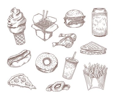Popüler Amerikan yemekleri seti el çizimi vektör çizimi. Hamburger, sosisli sandviç, hamburger, soda, karatahtaya çörek gibi eski moda fast food skeçleri. Yemek, menü, mutfak, konsept