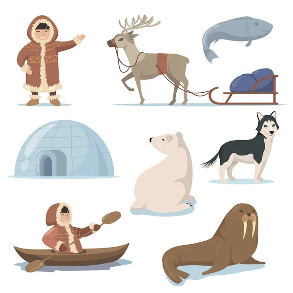 Elementy Alaski Szczęśliwy Inuici Płaski Zestaw Projektowania Stron Internetowych Cartoon — Wektor stockowy