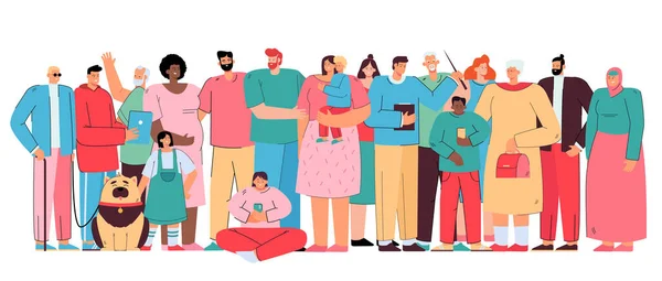 Big diverse family members. Crowd of multicultural people of different ages and races standing together. Vector illustration for multinational public, multiracial community members or society concept