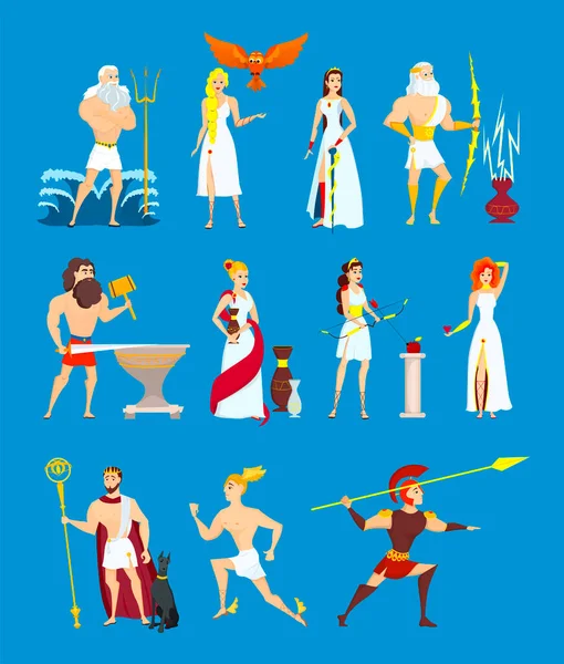 Cartoon Greek Gods Set Starověcí Olympští Hrdinové Izolovaní Modrém Pozadí — Stockový vektor