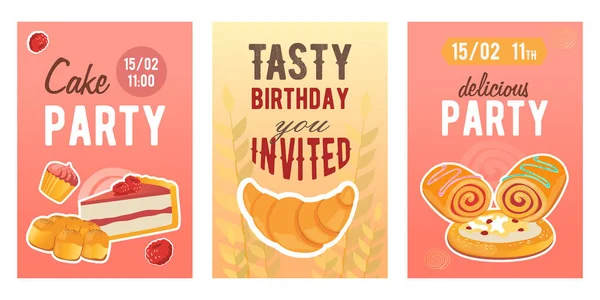 Creative Cake Holiday Invitation Designs Farinaceous Food Trendy Birthday Party — Stock Vector