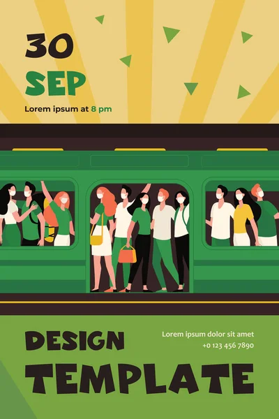 Crowd of people in masks standing in subway train. Public transport, passengers, commuters flat vector illustration. Covid, epidemic, protection concept for banner, website design or landing web page