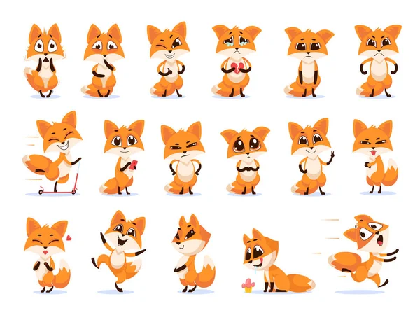 Cute funny emotional fox set. Cute red little fox smiling, crying, dancing, running away, getting angry, surprised, upset, scared. Vector illustration for cartoon animal, different emotions concept