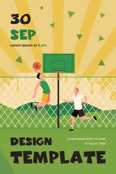 Happy young men playing basketball on court. Two team players training at fence and throwing ball into basket. Vector illustration for urban stadium, sport activity concept