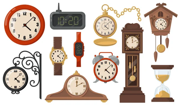 Horloges Mécaniques Électroniques Modernes Rétro Plat Ensemble Articles Horloges Bande — Image vectorielle