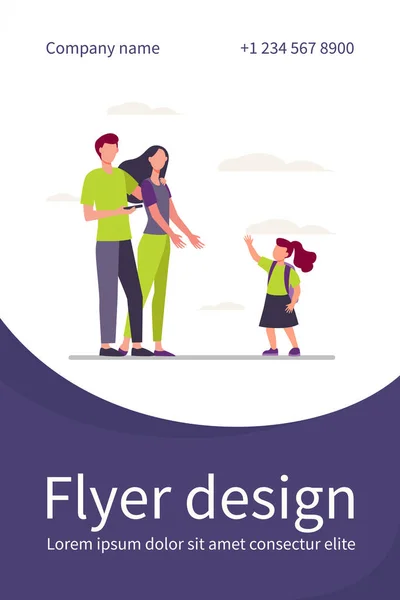 Schoolgirl with backpack walking to her parents. Mom reaching hands to daughter, dad using cell flat vector illustration. Parenthood, family concept for banner, website design or landing web page