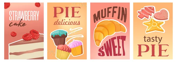 Sweet pie or cake posters design. Vivid bright brochure for bakery store. Pastry and confectionery concept. Template for promotional leaflet or flyer