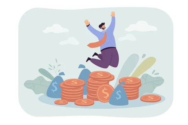 Happy Millionaire Jumping Pile Coins Flat Vector Illustration Cartoon Businessman — Stock Vector
