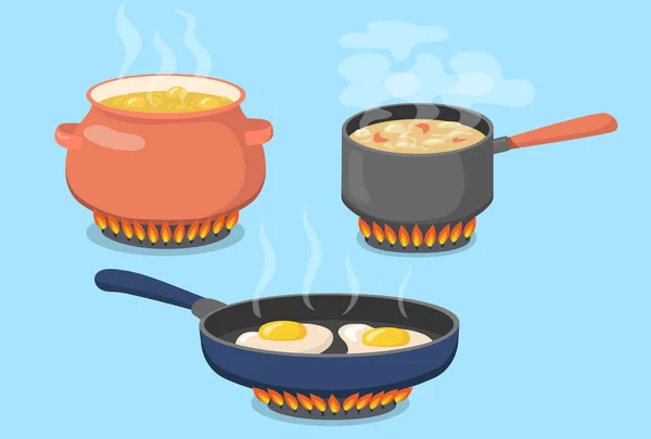 平底锅和平底锅上的煤气炉 用于网页设计 用厨房制作的卡通食品隔离病媒图片集 烹调和厨房用具概念 — 图库矢量图片