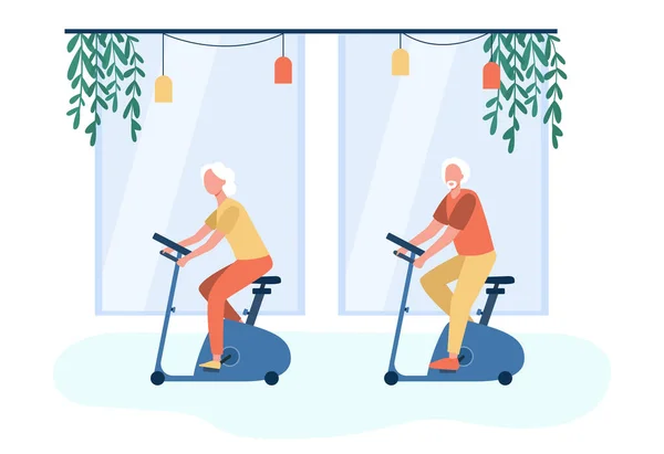 Old people training on exercise bicycle in gym. Pensioner, body, health flat vector illustration. Sport activity and retirement concept for banner, website design or landing web page
