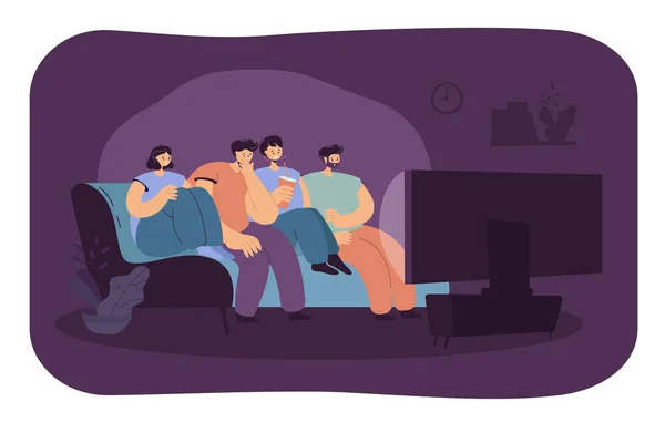 Scared friend watching horror movie together isolated flat vector illustration. Cartoon group of teens sitting on sofa in dark living room and watching TV. Entertainment and weekend concept