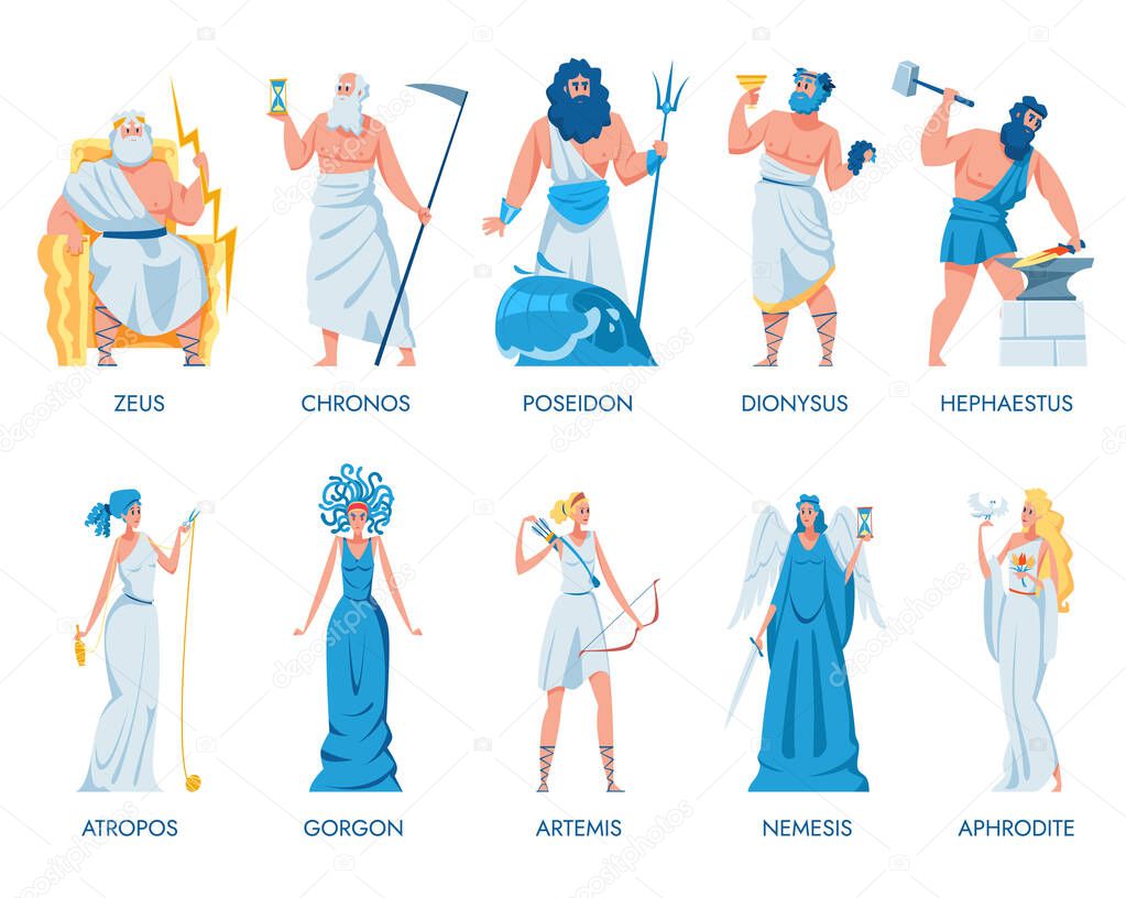 Ancient Greek gods and goddesses set. Zeus, Dionysus, Artemis, Hephaestus, Chronos, Atropos, Gorgon, Nemesis, Aphrodite, Poseidon. Vector illustration for Greece, myth, culture, history concept