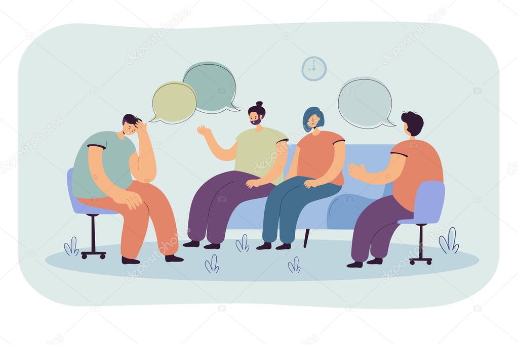 Depressed people counseling with psychologist isolated flat vector illustration. Cartoon characters talking with doctor on psychotherapist sessions. Group therapy and support concept