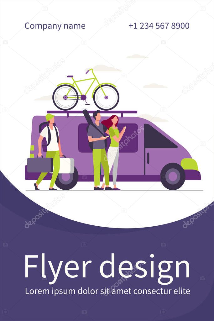 Group of active tourists gathering at vehicle. Minivan with bike on top moving flat vector illustration. Outdoor activity, adventure travel concept for banner, website design or landing web page