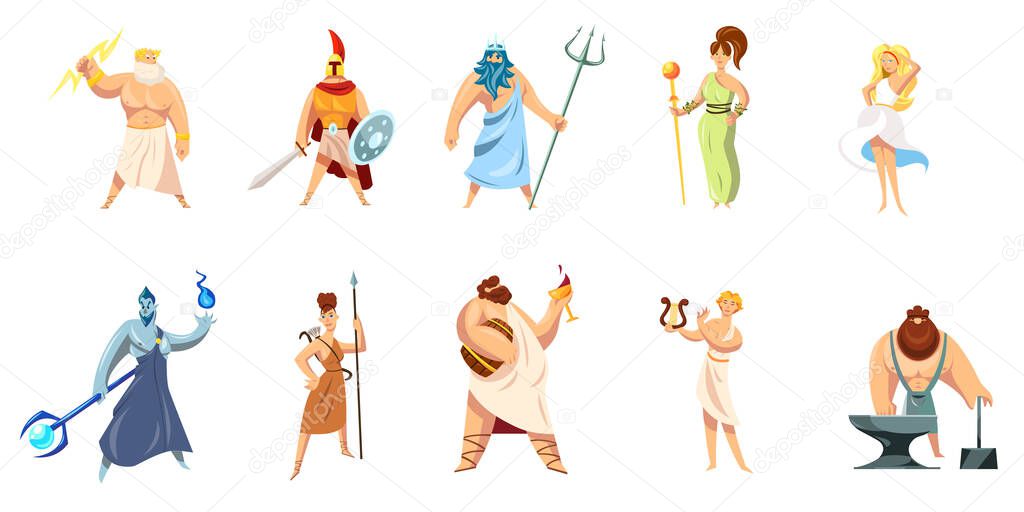 Greek mythology characters collection. Athena, Hephaestus, Ares, Poseidon, Zeus, Dionysus, Hephaestus, Aphrodite, Apollo. Vector illustration for ancient gods, Greece, religious culture concept