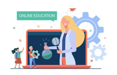 Dizüstü bilgisayarla ders dinleyen küçük çocuklar. Temel, e-öğrenim, öğretmen düz vektör çizimi. Sancak, web sitesi tasarımı veya iniş sayfası için çevrimiçi eğitim ve öğrenim kavramı