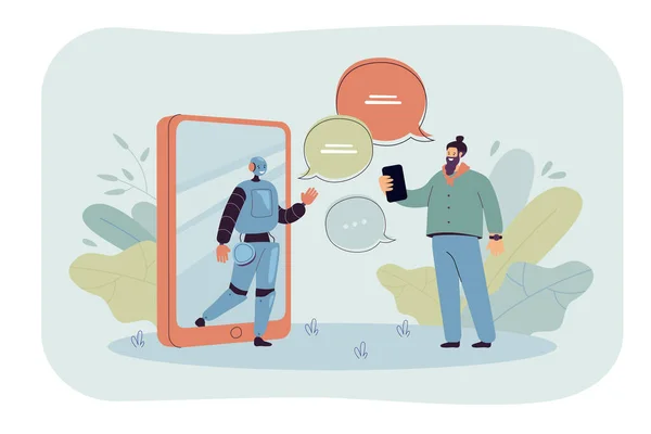 Minik adam yapay zeka asistanı düz vektör illüstrasyonuyla internette sohbet ediyor. Çizgi film müşterisi Chatbot 'tan sanal destek alıyor. Dijital teknoloji sohbeti ve sosyal medya kavramı