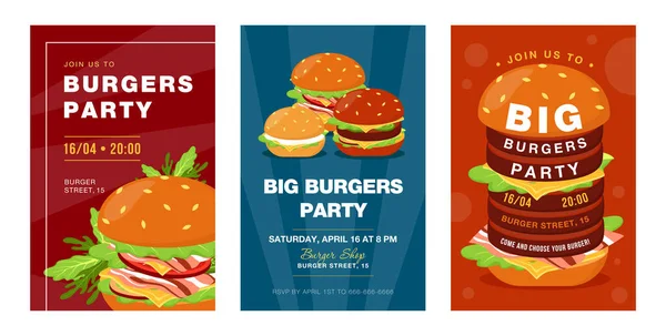 Trendy Big Burgers Party Invitation Designs Creative Fast Food Festival — Stock Vector