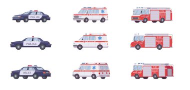 911 acil durum araçları ayarlandı. Polis arabaları, ambulans minibüsleri, itfaiye kamyonları beyazlar üzerinde izole edilmiş. Kaza, kurtarma, ulaşım konsepti için vektör çizimleri