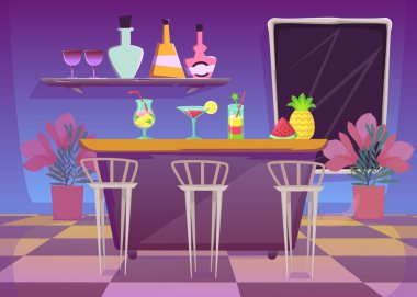 Gece kulübünde ya da Cafe Düz Vektör illüstrasyonunda bar sayacı. Bar içi, ananas, karpuz ve pipetli kokteyller, bar tabureleri. Bar, parti, içecek, iç tasarım konsepti