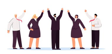 İş ekibi ve yönetici yukarı doğru geliyor. Düz vektör çizimi. Takım elbiseli bir grup insan birlikte hedeflerine ulaşıyor, parmaklarını havaya kaldırıyor. Liderlik, takım çalışması, başarı, iş kavramı