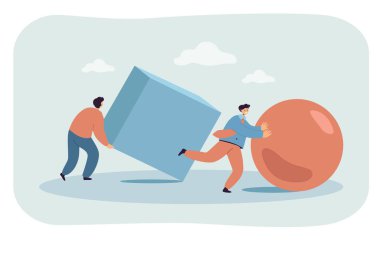 İş adamları soyut topu ve küpü yarışa sokuyor. Düz vektör çizimi. Zeki adamlar en verimli, en yaratıcı ve en iyi çalışan unvanı için yarışıyorlar. Hedef, liderlik, meydan okuma, rekabet konsepti