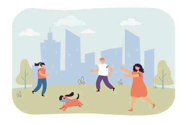 Çizgi filmdeki çocuklar ağızlarında uçan bir diskle köpeğin peşinden koşuyorlar. Çocuklar düz vektör çiziminin dışında köpek yavrusuyla oynuyorlar. Açık hava etkinliği, pankart için boş zaman konsepti, web sitesi tasarımı veya iniş web sayfası