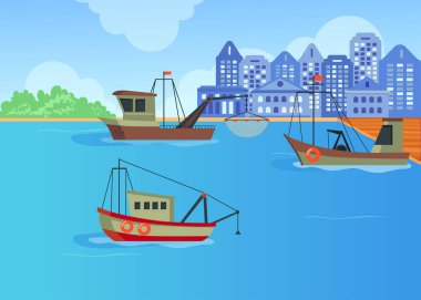 Limandaki karikatür balıkçı tekneleri düz vektör çizimi. Üç balıkçı teknesi rıhtım ve şehrin arka planında deniz ürünleri taşıyor. Okyanus, deniz endüstrisi, deniz balıkçılığı, tasarım için ulaşım konsepti