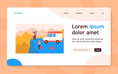 Karikatüristler dağlarda karavanla seyahat ediyorlar. Köpek, bagaj, manzara düz vektör çizimi. Pankart, web sitesi tasarımı veya iniş web sayfası için macera ve doğa konsepti