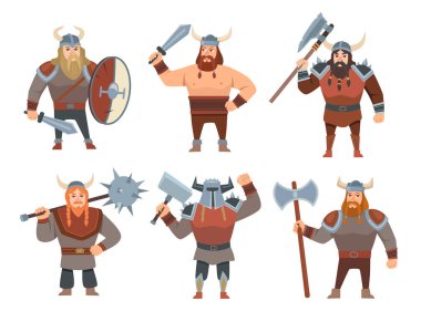 Çizgi film Vikings vektör çizimleri ayarlandı. Ortaçağ askerleri, kostümlü insanlar ya da beyaz arka planda izole edilmiş savaşçılar. İskandinav mitolojisi, Norveç, fantezi, tarih, askeri konsept