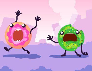 Renkli donutlar panik içinde kaçıyorlar. Çizgi film vektör çizimi. Korkmuş ve ısırılmış çörekler şok ve dehşetle kaçıyordu. Tatlı, çerez, yemek, yemek, fantezi, tasarım için korku konsepti