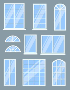 Renkli pencere karikatür vektör çizimi. Beyaz çerçeveli ve mavi camlı farklı saydam pencereler. Pankart tasarımı için yapı, mimari, görünüm, iç konsept