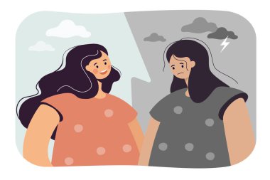 Mutlu ve depresif kadınların zıttı. Düz vektör çizimi. Bipolar bozukluğu olan, gülümseyen ve üzgün yüzlü bir kızın portresi. Ruh sağlığı, psikoloji, ruh hali konsepti