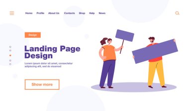 Pankart ve pankartla protesto eden bir çift. Düz vektör illüstrasyonundaki erkek ve kadın karakterler. Protesto, aktivizm, pankart, web sitesi tasarımı veya iniş web sayfası için özgürlük kavramı