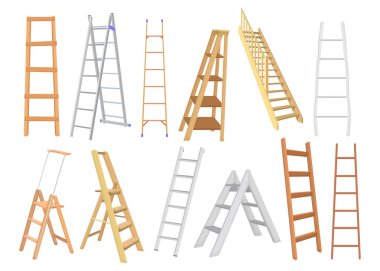 Yaratıcı metal ve tahta merdivenler web tasarımı için düz set. Boyacılar ve inşaatçılar için farklı türde basamaklı karikatürler izole edilmiş vektör illüstrasyon koleksiyonu. İnşaat ve inşaat kavramı