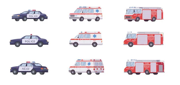 911 Vehículos Emergencia Listos Coches Policía Furgonetas Ambulancia Camiones Bomberos — Vector de stock