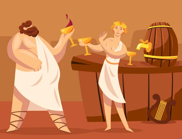 Ancient Greek gods or Greeks drinking wine together. Cartoon vector illustration. God of viticulture Dionysus granting wine to Greek character. Winemaking, ancient Greece, alcohol, culture concept