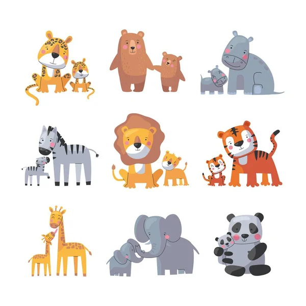 Mãe Animal Bebê Conjunto Família Desenhos Animados Bonito Ilustração Vetorial — Vetor de Stock