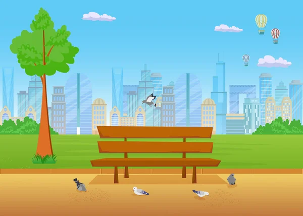 Bench Park Flat Vector Illustration City Background Cartoon Birds Flying — Stock vektor