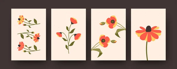 現代美術のポスターの開花夏の花コレクション 4つのパステル植物の形のセット ベージュの優しい背景 ポストカード招待状のデザイン バナー ウェブサイトのデザインや背景のための花や花の概念 — ストックベクタ