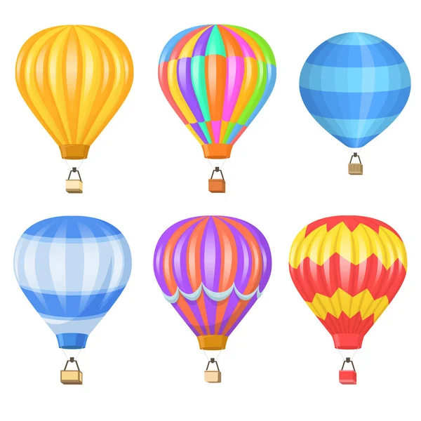 Conjunto Imágenes Planas Globos Aire Colores Brillantes Cestas Voladoras Dibujos — Vector de stock