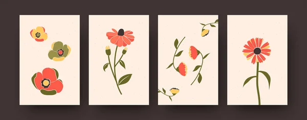 現代美術のポスターの明るい花のコレクション ベージュ地にパステルカラーの装飾花のセット バナーの花と花のコンセプト ポストカード招待状のデザイン — ストックベクタ