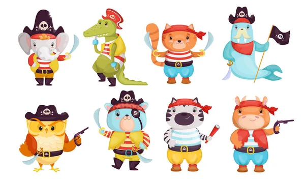 明亮有趣的海盗动物平面图片集 卡通可爱的北欧水手鳄鱼 猫头鹰 公牛孤立的病媒图集 吉祥物和儿童娱乐概念 — 图库矢量图片