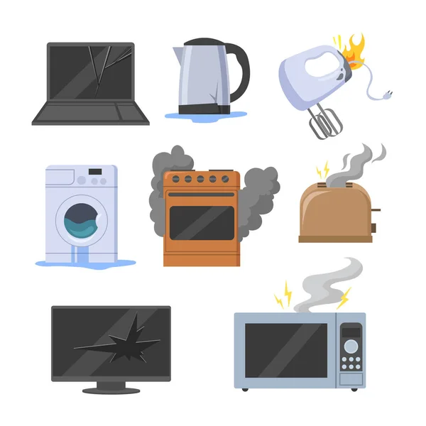 断电电器矢量插画集 损坏的设备和厨房设备 微波炉 烤面包机 白色背景的电视机 设备概念 — 图库矢量图片