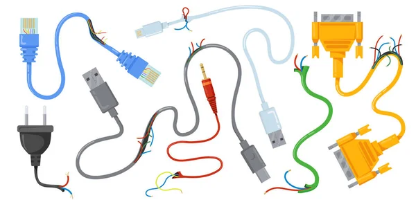 Gebroken Usb Kabels Draden Vector Illustratie Set Beschadigde Elektrische Circuits — Stockvector