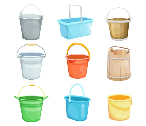 Buckets Vector Illustrations Set Plastic Steel Wooden Cartoon Pails Water — Stock Vector