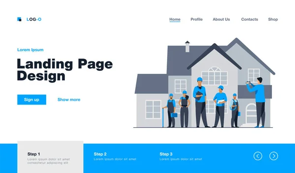 Builders team posing for photo in front of house. Worker, helmet, camera flat vector illustration. Construction or architecture concept for banner, website design or landing web page