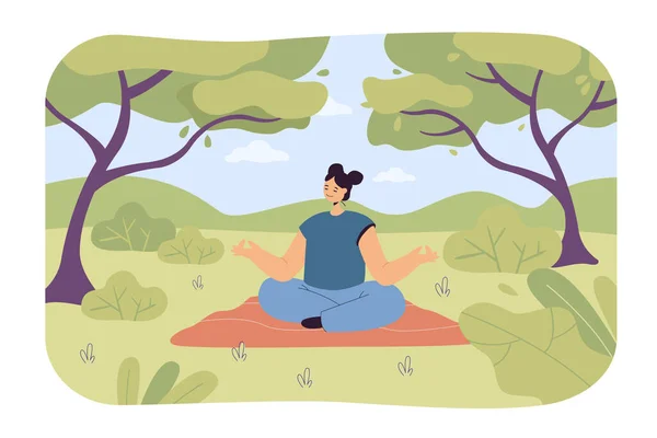 Sakin kadın orman banyosu. Doğada yoga yapan kadın çizgi film karakteri, ağaçlar ve çalılar düz vektör çizimi. Pankart için spor, sağlık, yaşam tarzı konsepti, web sitesi tasarımı veya iniş web sayfası