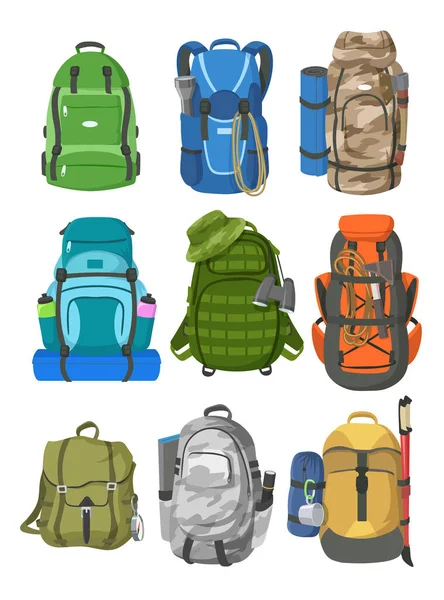 Conjunto Mochilas Camping Mochilas Grandes Con Equipo Para Senderismo Trekking — Vector de stock